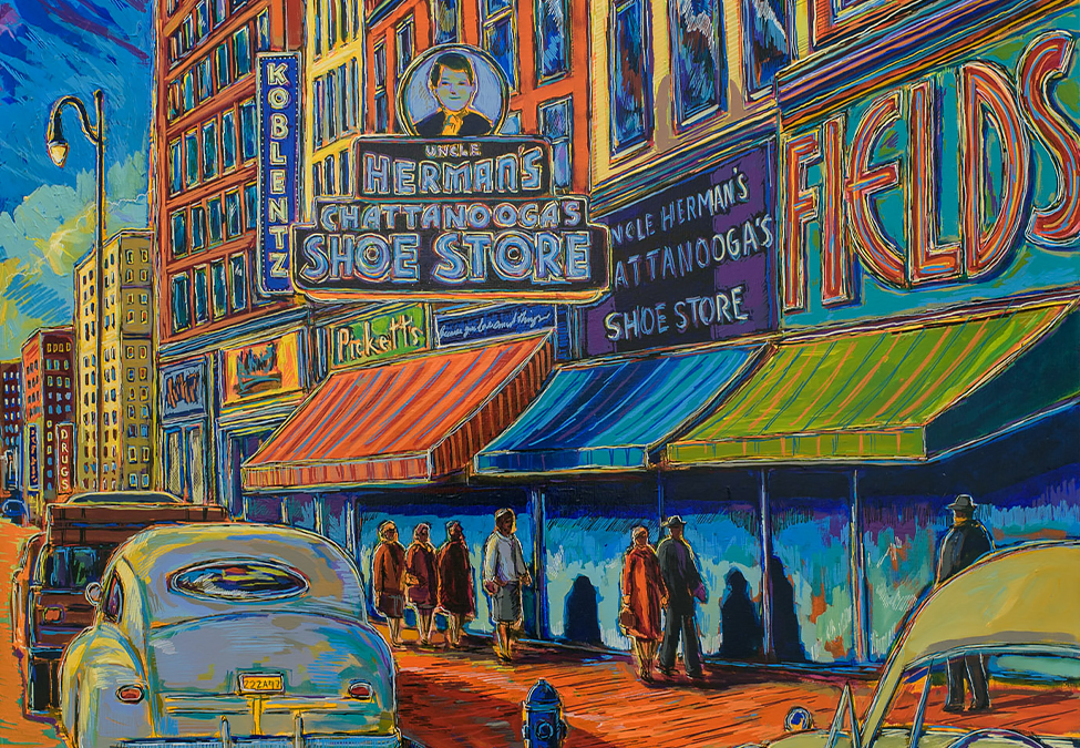 cartoon style art of a city sidewalk and stores