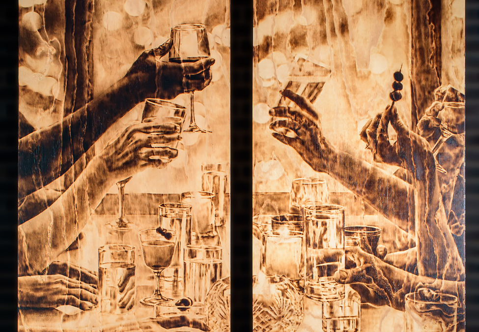 coffee stained image with people toasting with their drinks 