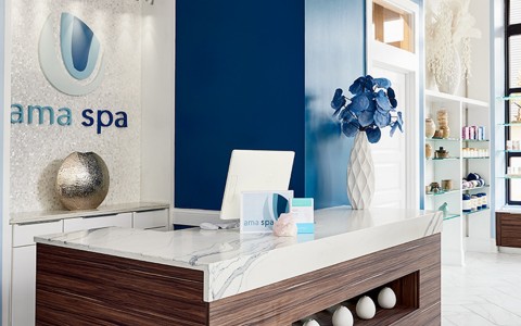 the spa reception lobby area with a marble desk and the spa name on the wall behind the desk