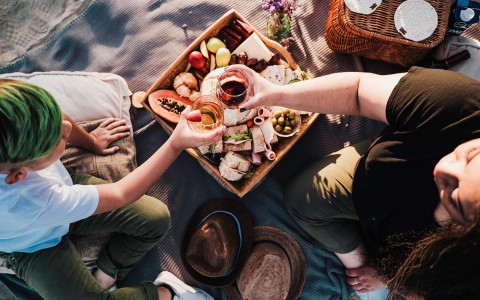 Top view of two people toasting and eating appetizers on a picnic