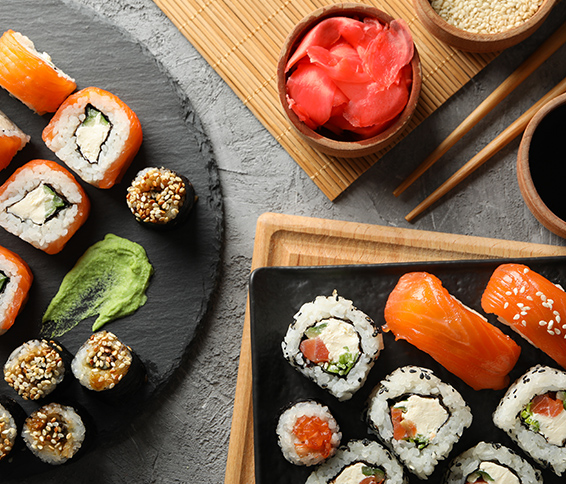 overhead view of sushi rolls and nigiri