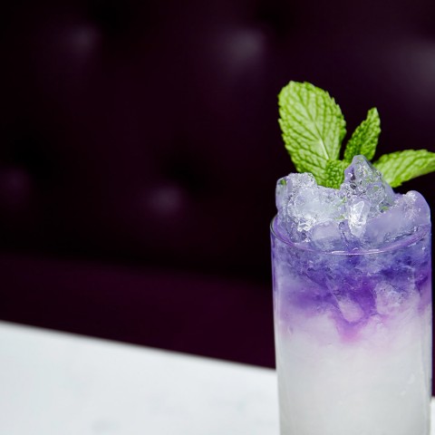 a beverage with mint leaves garnish