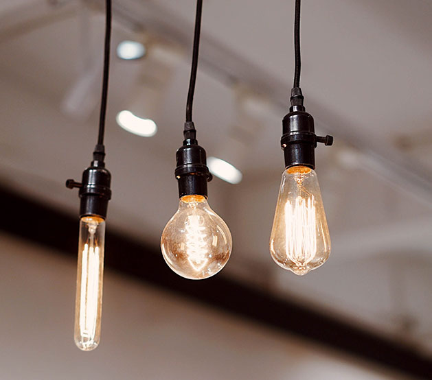 Different shaped lightbulbs hanging from ceiling