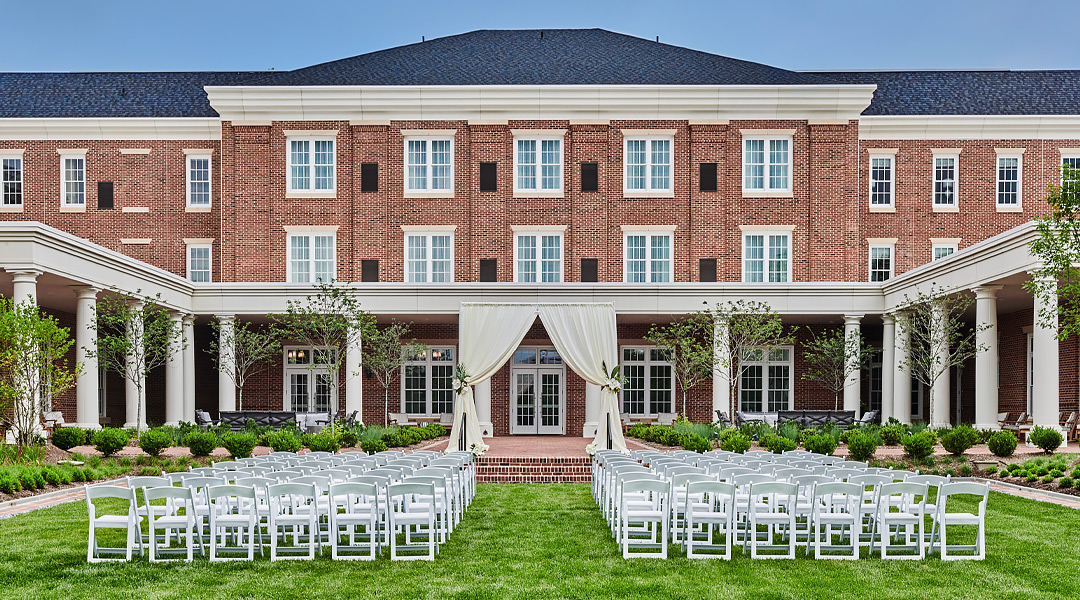 Outdoor event space prepared for wedding