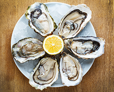 half dozen oysters on an ice tray with lemon