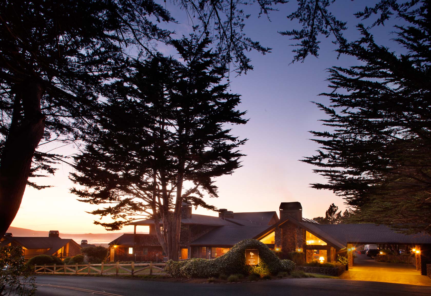 view of the lodge at dusk 