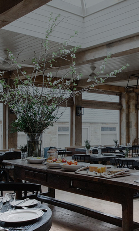bright restaurant interior with wooden furniture