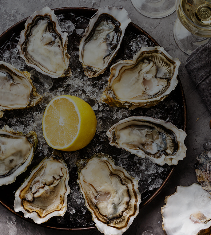 tray with seven saltwater oysters with lemon