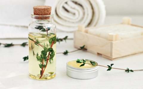 close up of essential oils in jars