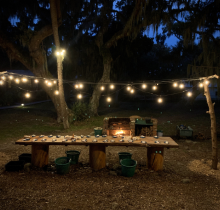 wood table with lights in the middle of trees