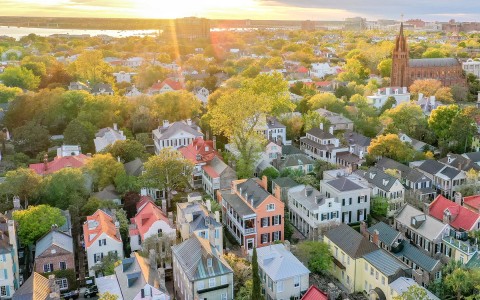 aerial view of the buildings and surroundings in charleston