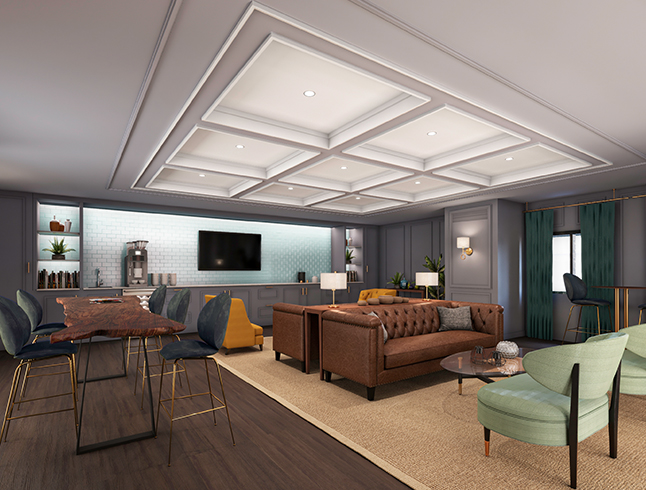 common seating area with green accent chairs, a tv, brown couches and a bar table