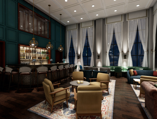 dining room with comfortable seating and a full bar with floor to ceiling windows