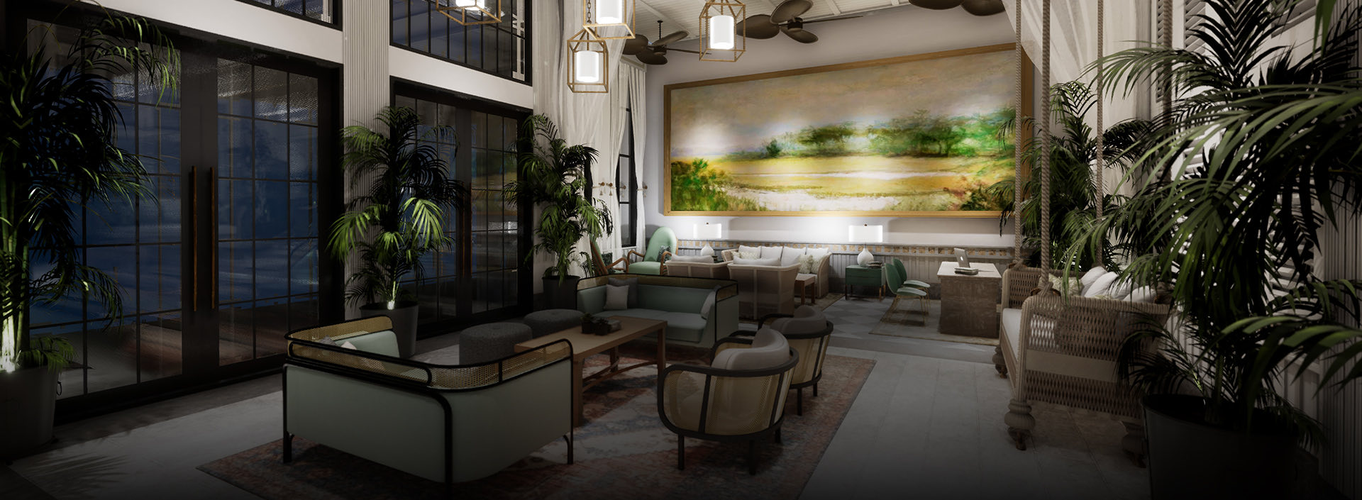 The Loutrel Lobby with green seating and tall ceilings