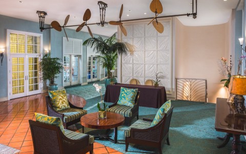 sitting area inside the hotel lobby