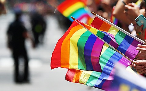 people waving rainbow flags at a parade
