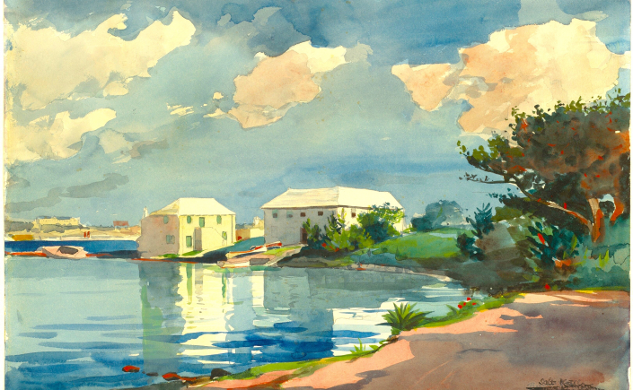 Painting of houses by the water in Bermuda by Windlow Homer