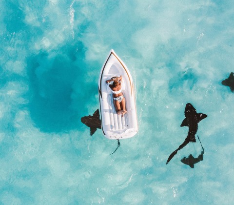 Aerial view of a woman on a boat-shaped float and some sharks swimming around