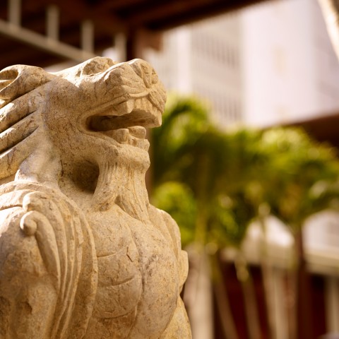 a lion sculpture with tall green palm trees behind it