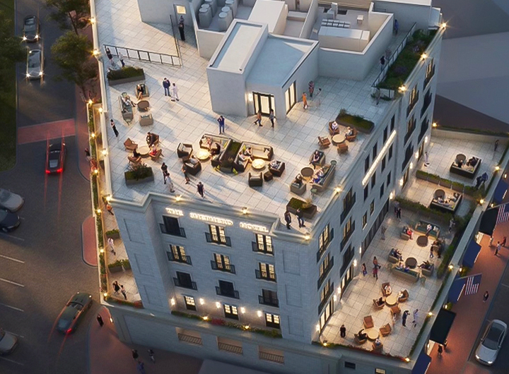 rendering of shepherd hotel terrace in evening at an aerial view