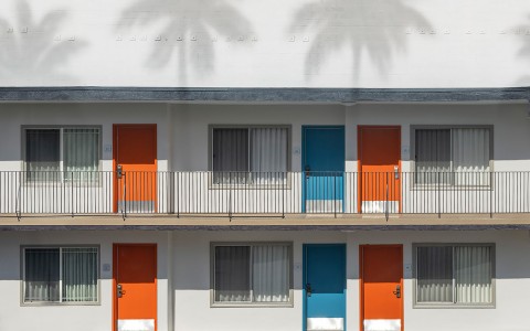 palm tree shadows on orange and blue hotel doors