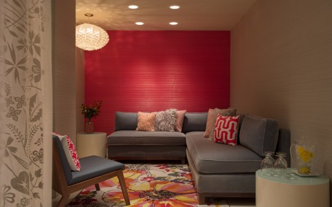 a living room with a red wall, comfortable couches
