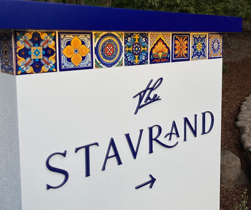 the stavrand entrance sign with talavera tiles