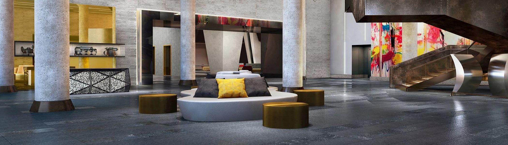 Lobby of Hotel with stone pillars and sitting area