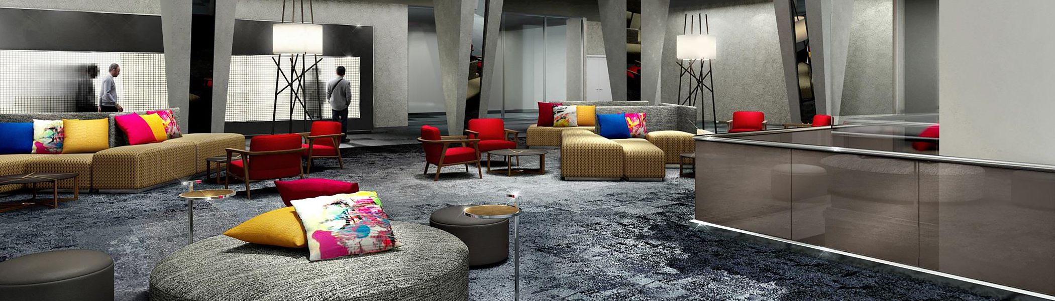 Modern living space with beige couches & accent color chairs & pillows