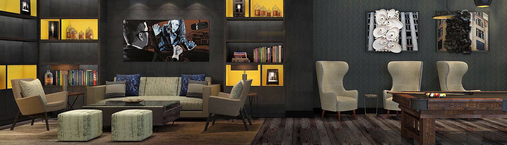 Modern lounge area with seating, bookshelf, TV & billiards table
