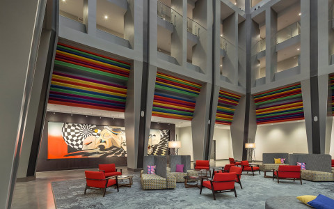 Atrium lounge area with art on the wall