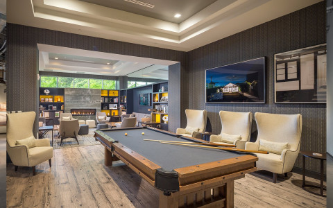 Pool table and library lounge at The Summit