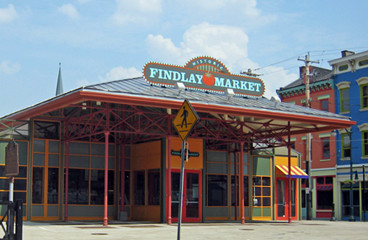 Findlay market sign on top of colorful building