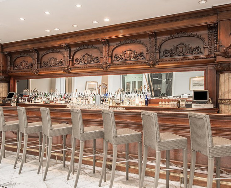 rustic wood bar and carved wood accents