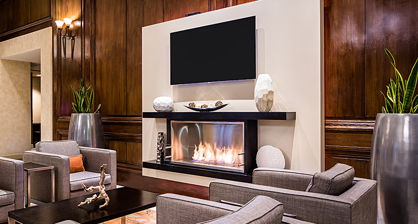 lobby seating area at a fireplace