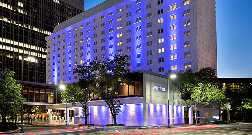 hotel exterior with blue accent lighting