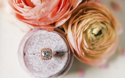 flowers and engagement ring