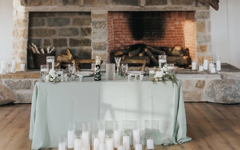 table setting in front of fireplace
