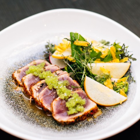 togarashi tuna tataki on a white plate