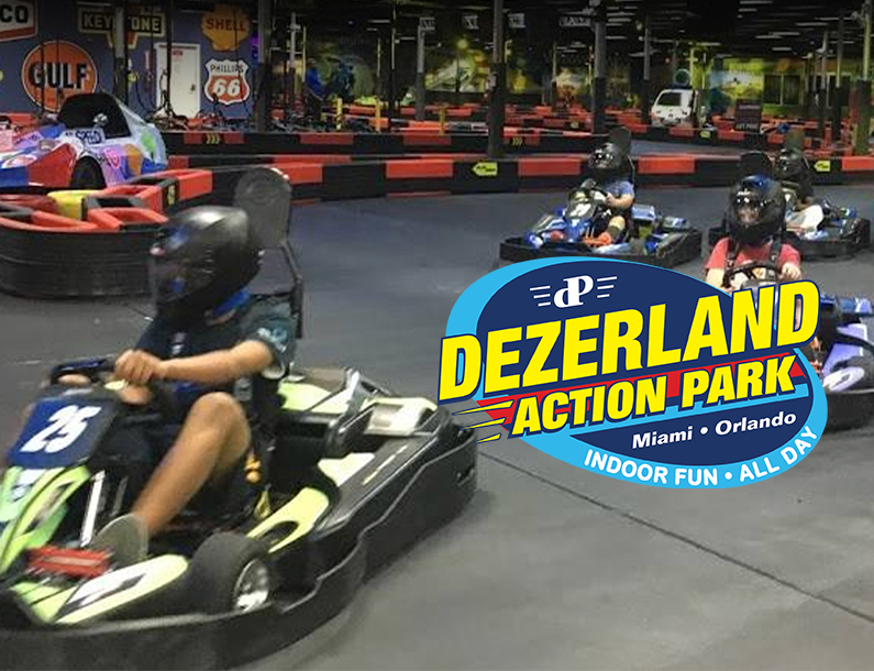 dezerland action park logo overlay on image of kids riding go-karts
