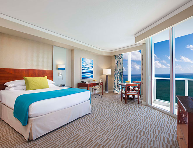 an airy colorful hotel room with large windows overlooking the sea