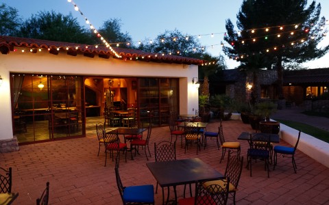 outdoor patio seating outside of restaurant 