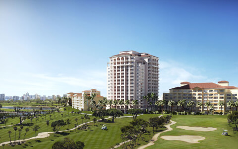 tall building in the middle of golf course