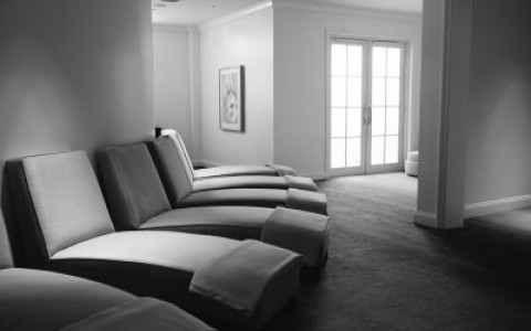 black and white image of spa loungers