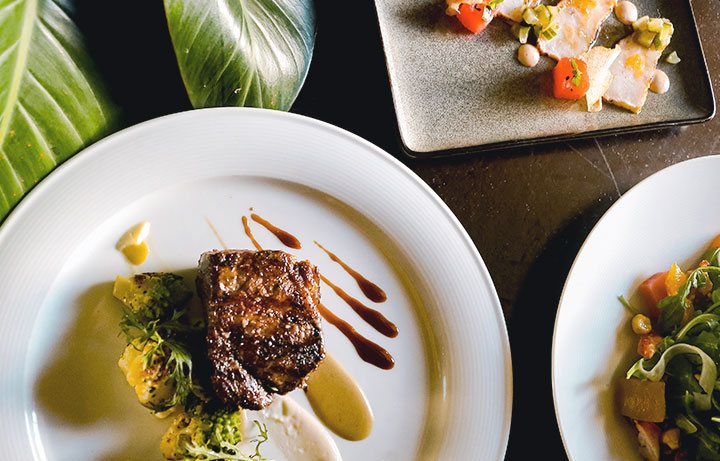 dining flat lay steak and salad