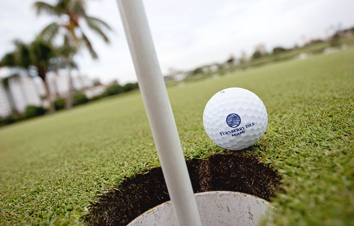 golf ball with logo falling into hole