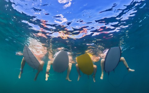 view of four people sitting on their surfboards from under the water 