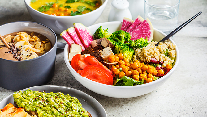 dishes of healthy food being served at plant food