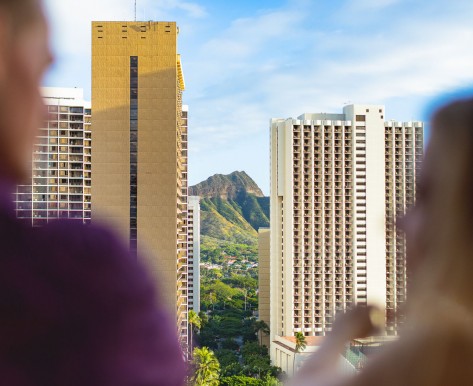 View of Honolulu with skyscrapers and mountian