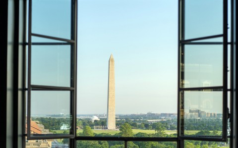 view of washington monument from the restaurant